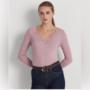 LAUREN RALPH LAUREN Lace-Trim Stretch Cotton Top